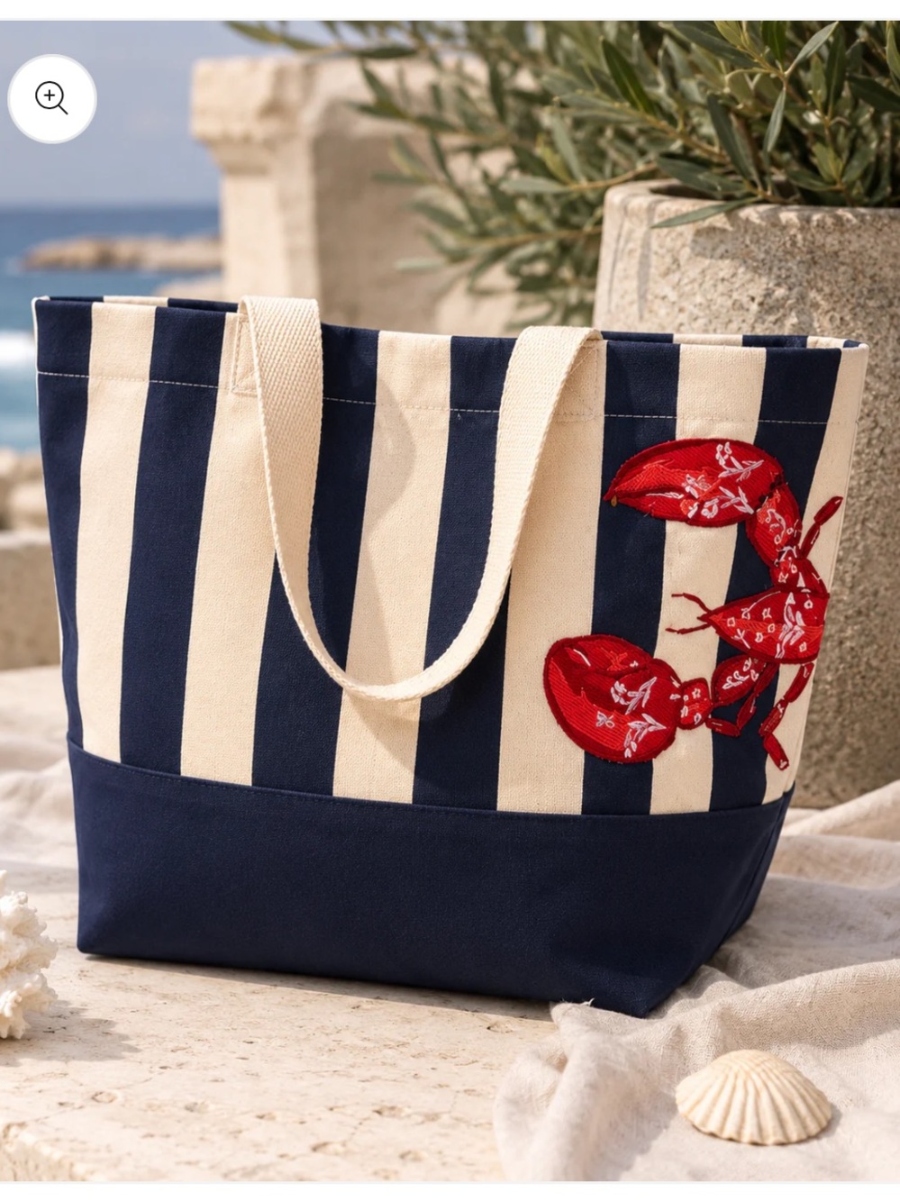 Striped Navy & Cream Tote Bag with Red Lobster Accent